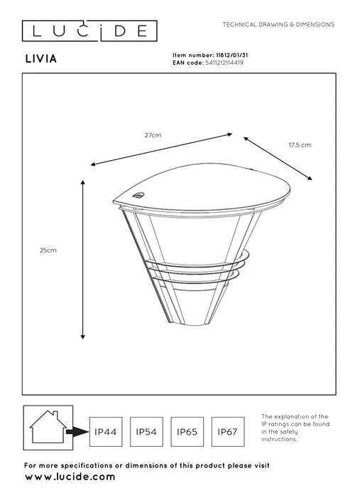 Lucide LIVIA - Applique murale Intérieur/Extérieur - 1xE27 - IP44 - Blanc - technique